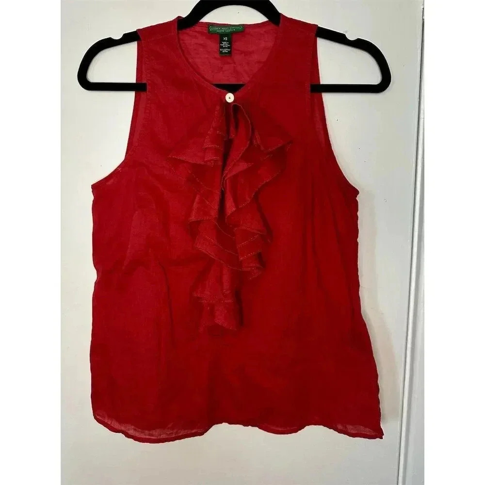 Ralph Lauren Lauren Jeans Co XS Red Sleeveless Ruffle Blouse Women's Top 012